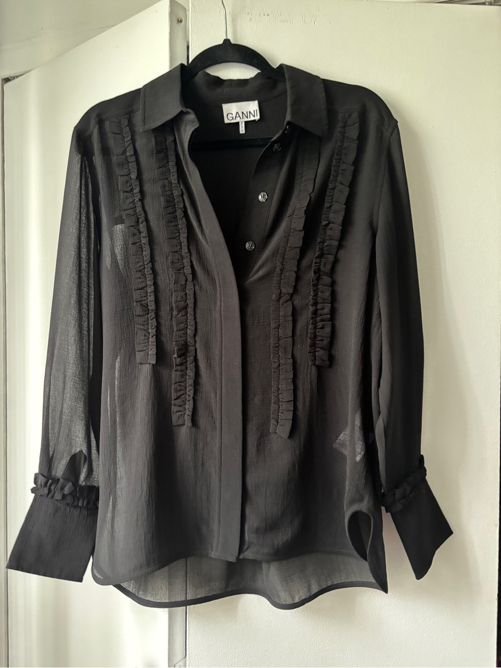 Ganni Black Sheer Ruffle-Trim Button Blouse NWOT
